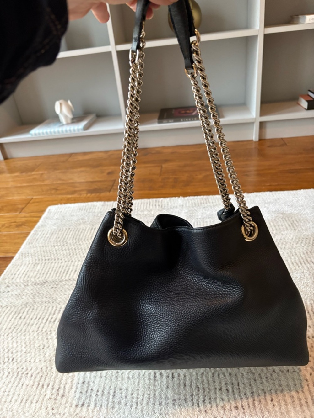Gucci Black Pebbled Leather Chain-Handle Satchel with Tassel - Picture 2 of 10